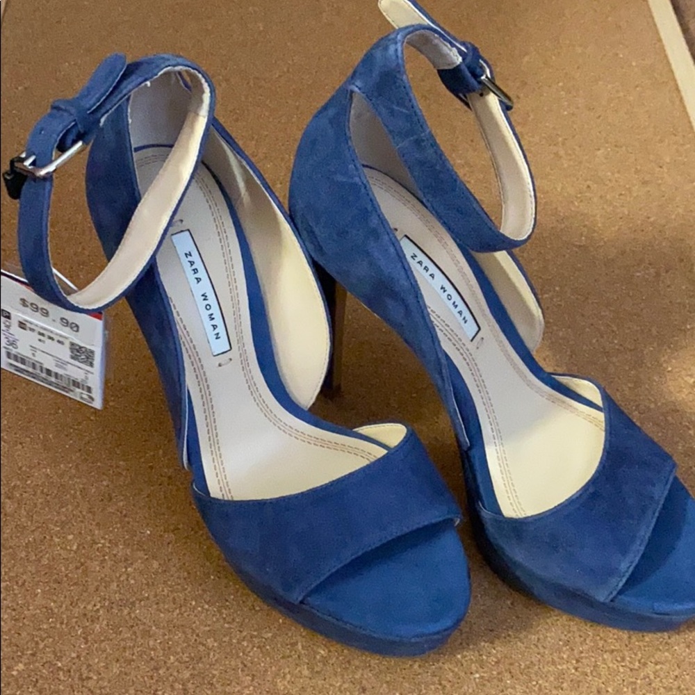 Zara Blue Suede Heels w/Authentic Leather